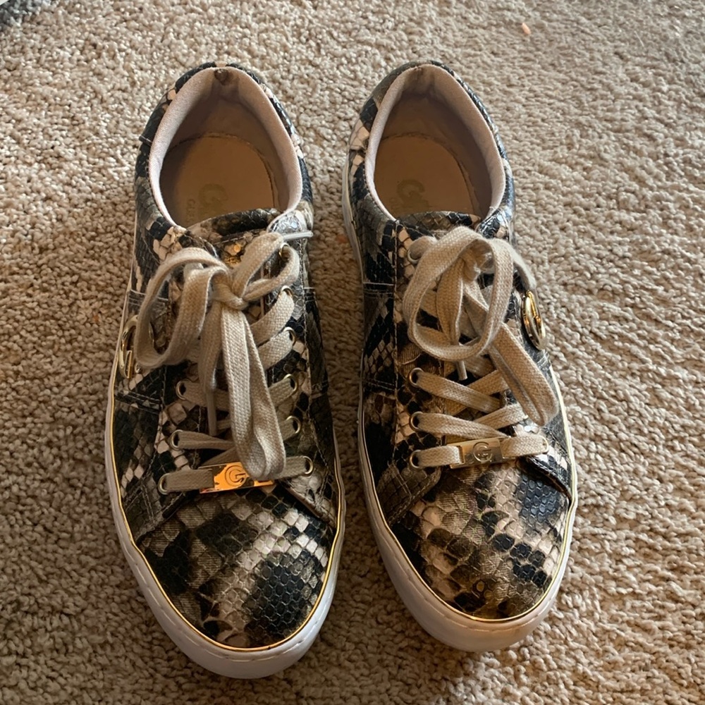 Guess GBG brown tan snake print gold logo sneakers size 9 - Picture 5 of 9